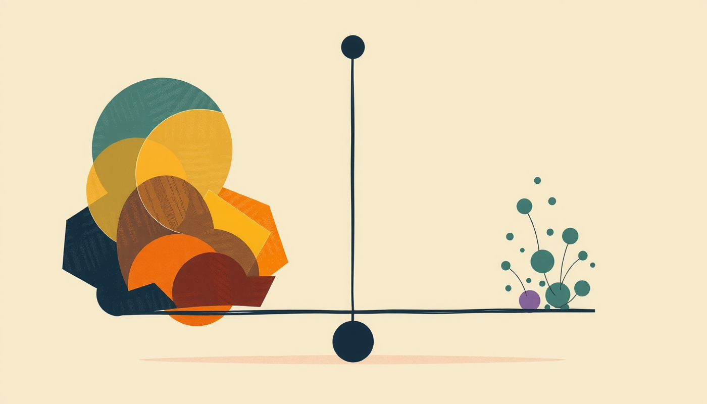 Balance scale showing heavy investment dollars versus small revenue coins.