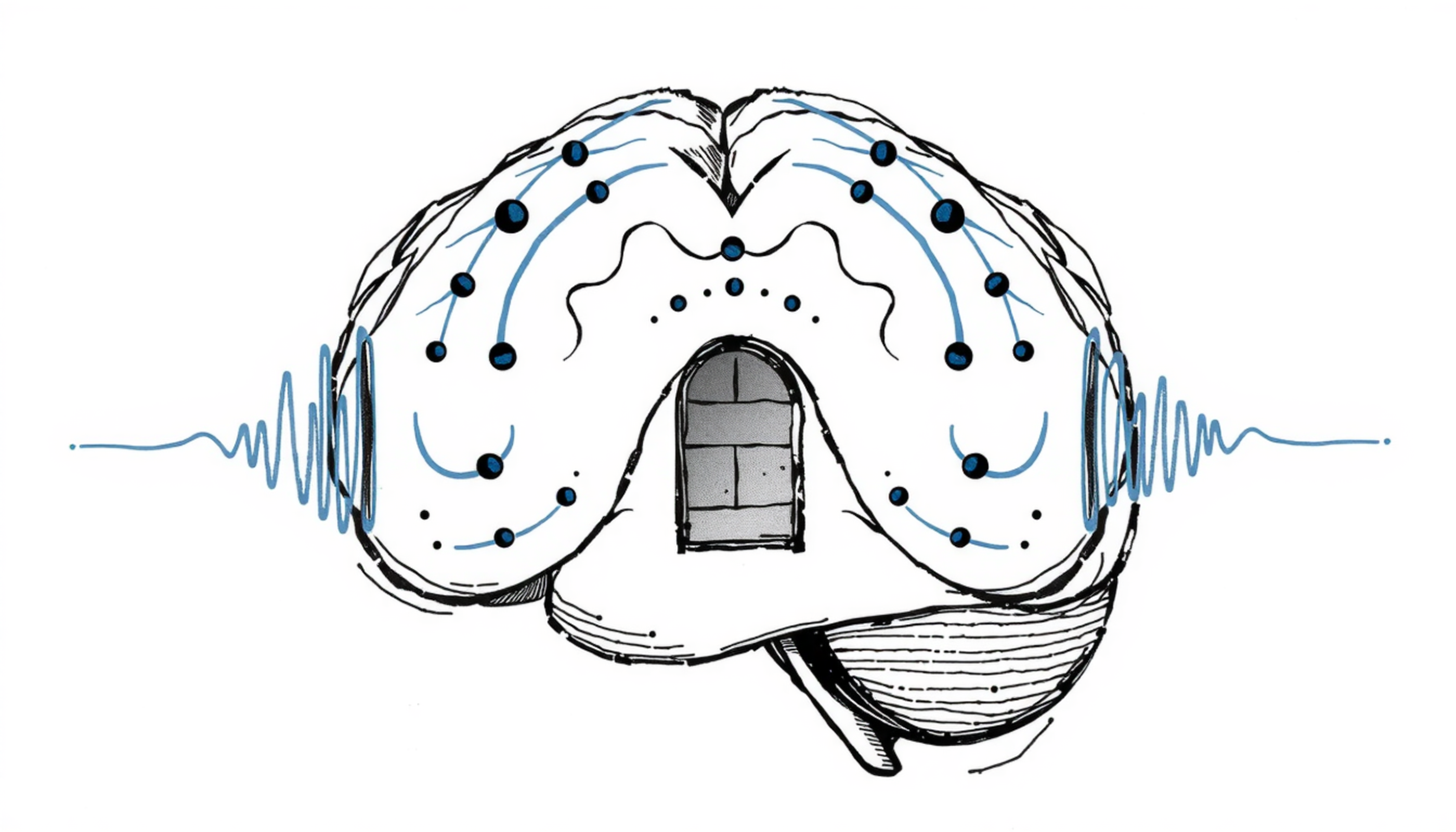 Alphawellen im Gehirn als Tore, beleuchtet in tiefem Blau und Gold.