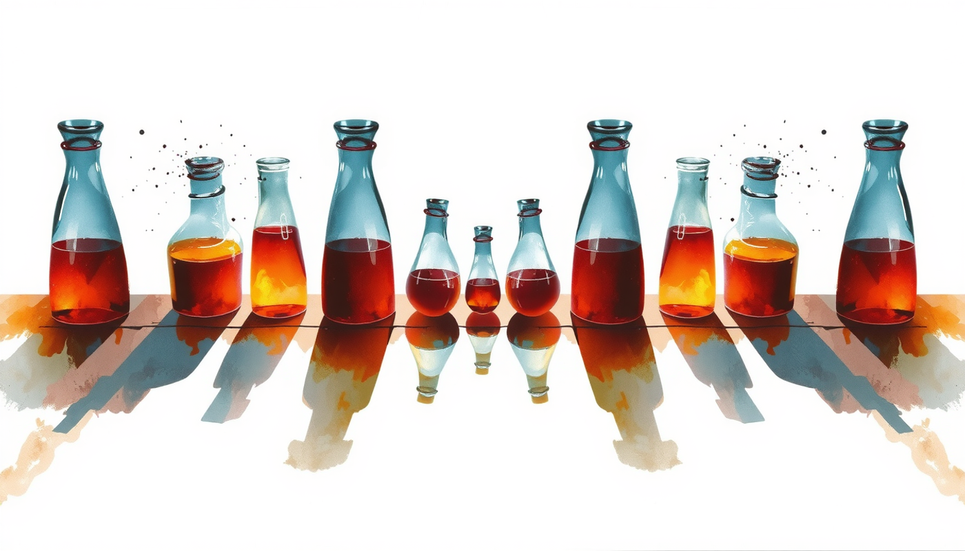 Long dark wooden table with glass vessels of amber liquid.