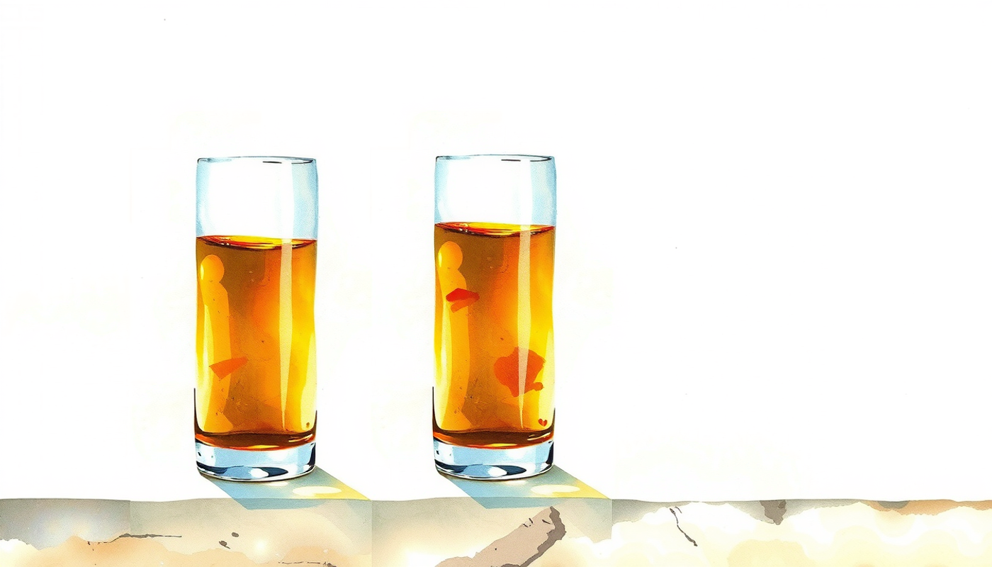 Three unmarked glass cylinders with amber liquid on a stone bench.