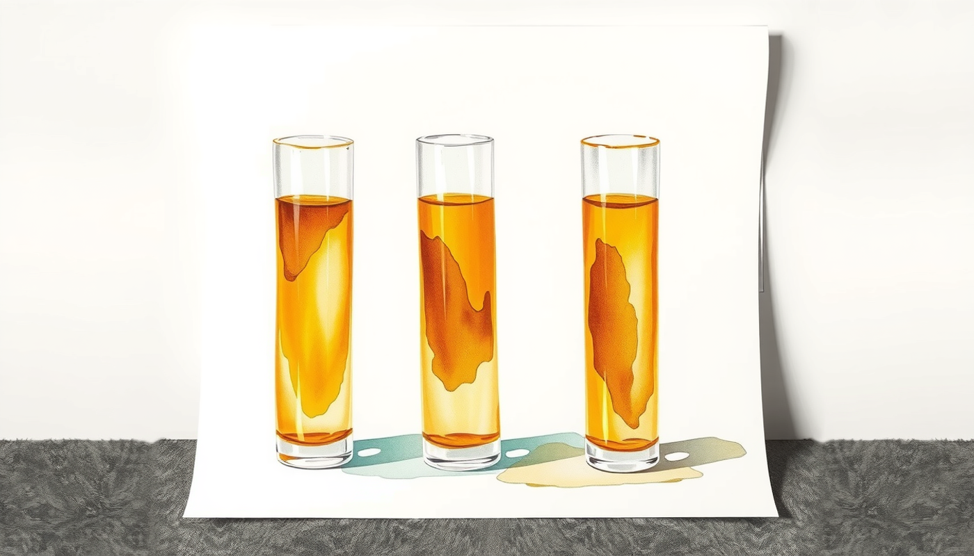 Four identical glass cylinders with varying levels of amber liquid.