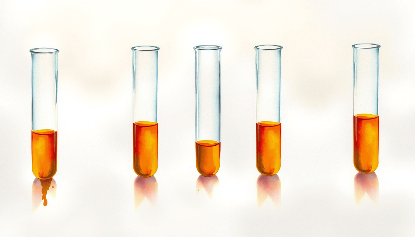 Five unmarked glass tubes with varying amber liquid levels on grey surface.