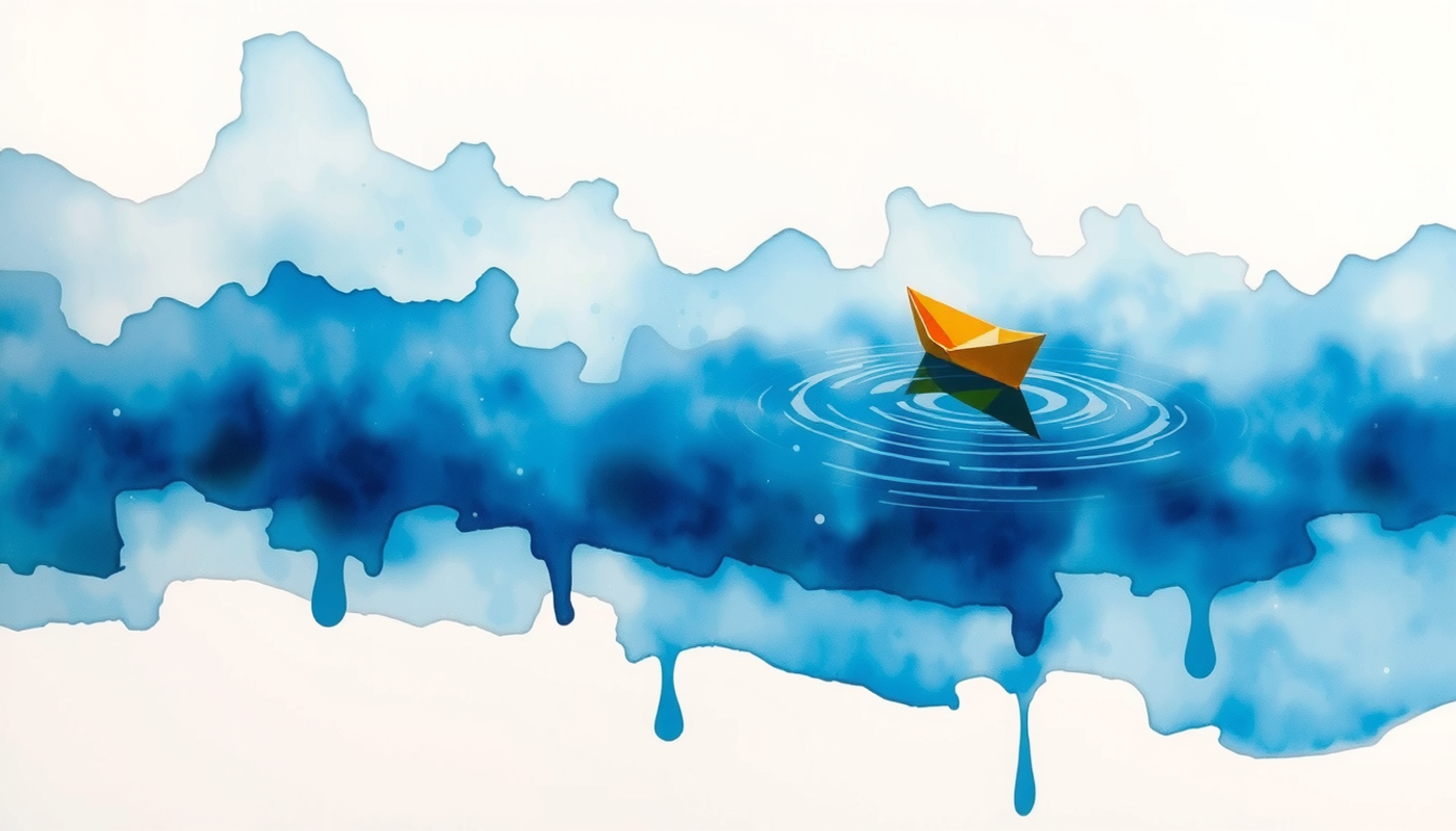 Amber paper boat drifting on indigo water with gentle ripples.