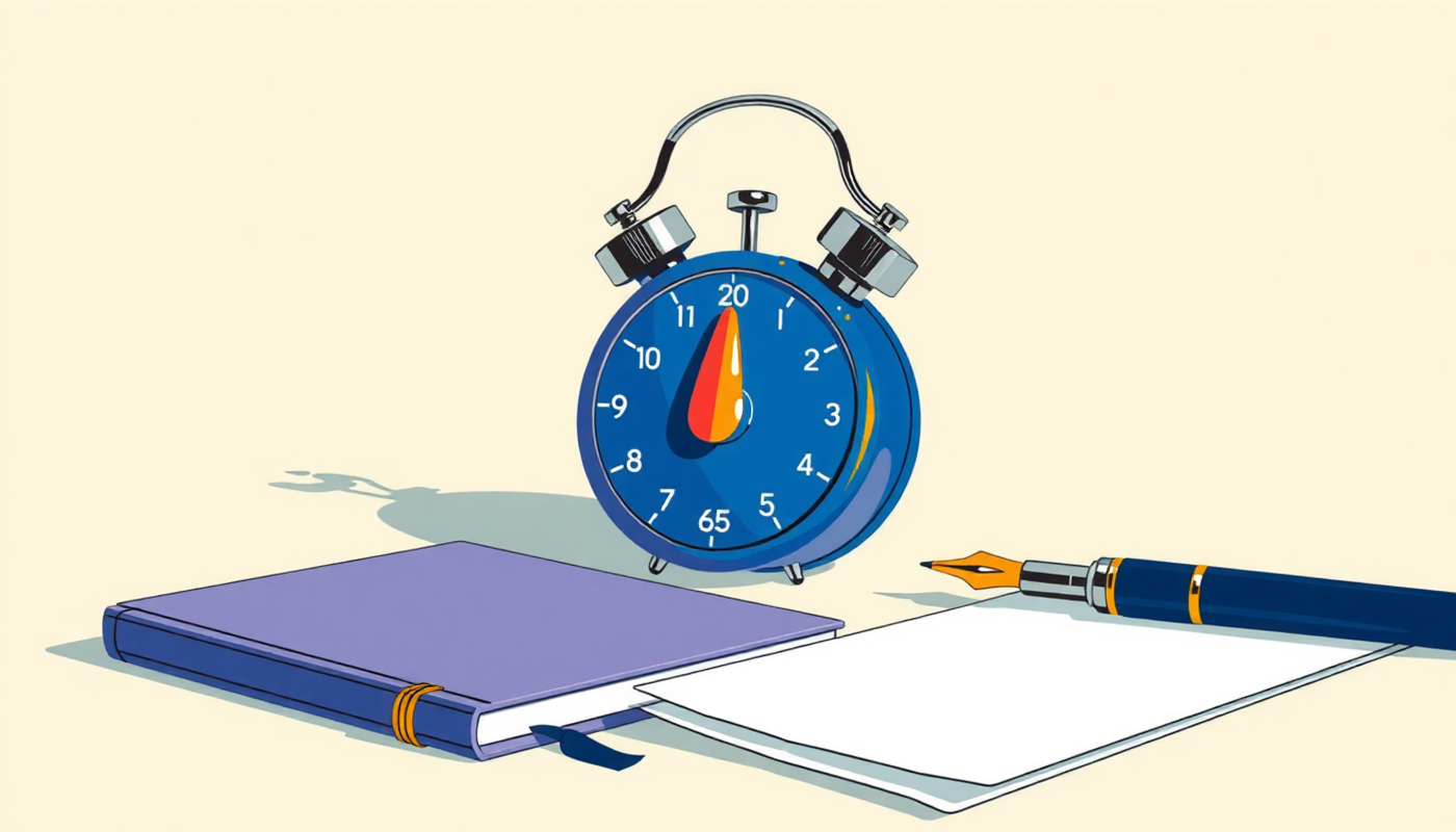 Analog kitchen timer beside a notebook and fountain pen in warm light.