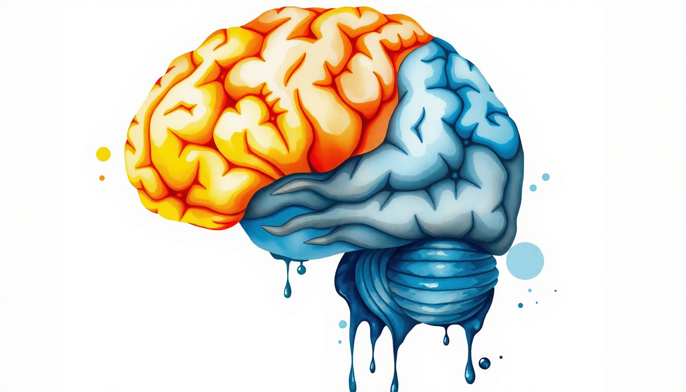 Anatomical brain model in watercolor with glowing cerebellum and detailed folds.