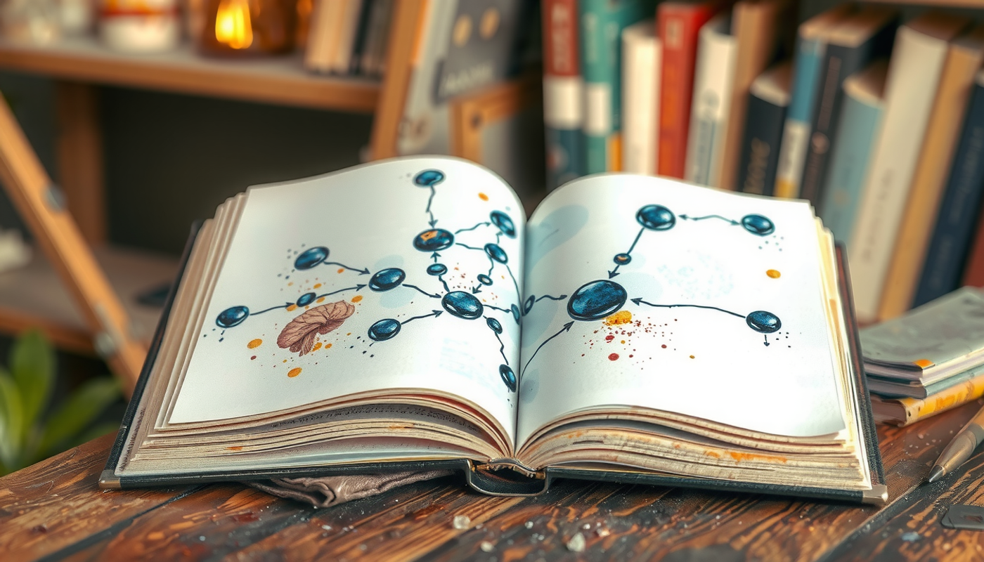 Open anatomy atlas on wooden desk with glowing neural network diagram.