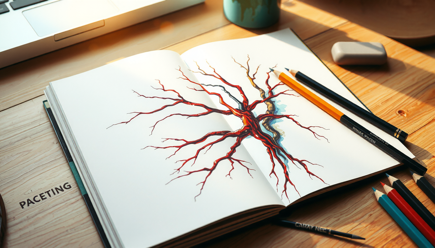 Close-up of an anatomy sketchbook with colorful diagrams on a desk.