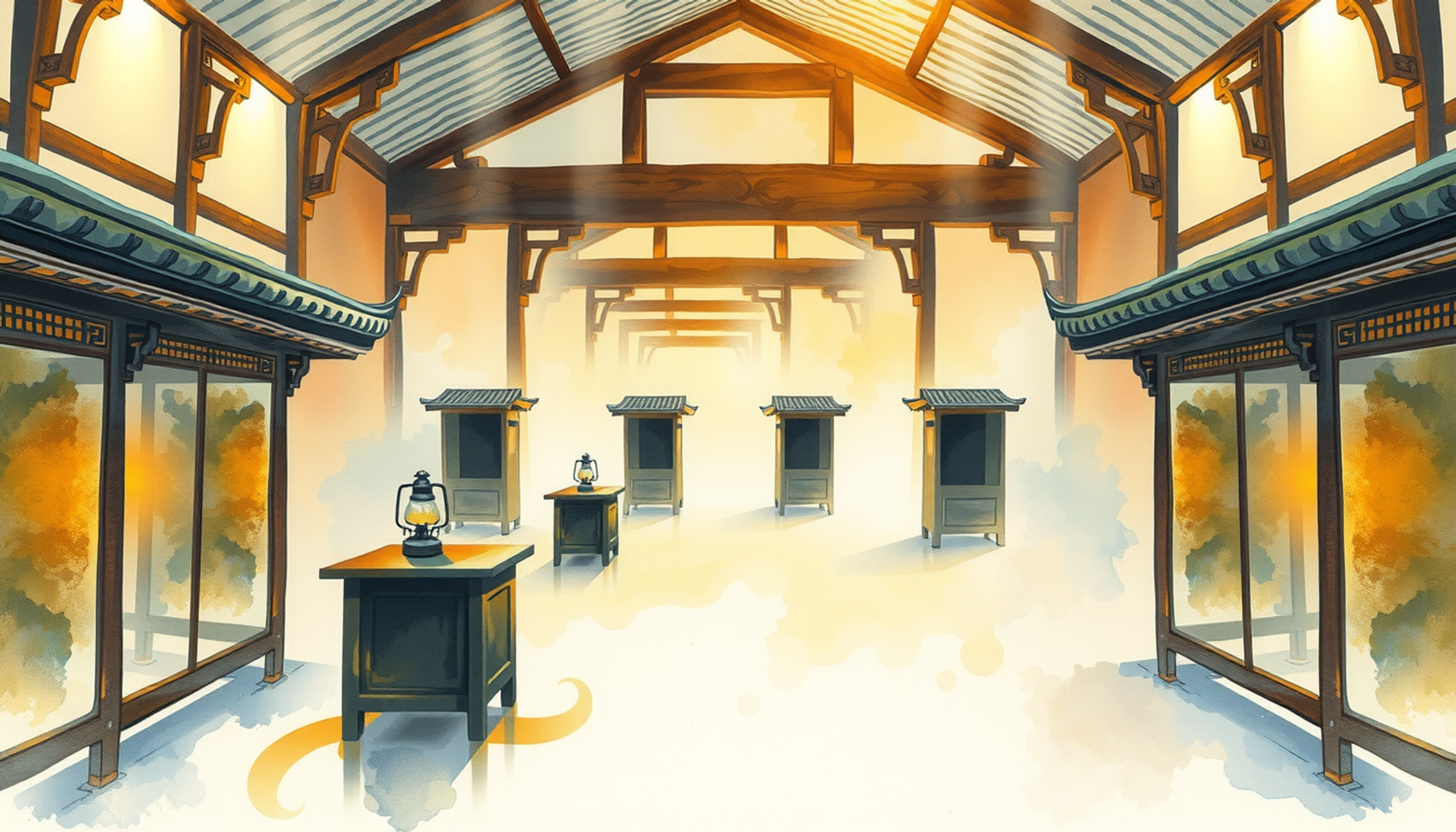 Ancient examination hall with wooden cubicles and warm oil lamps.