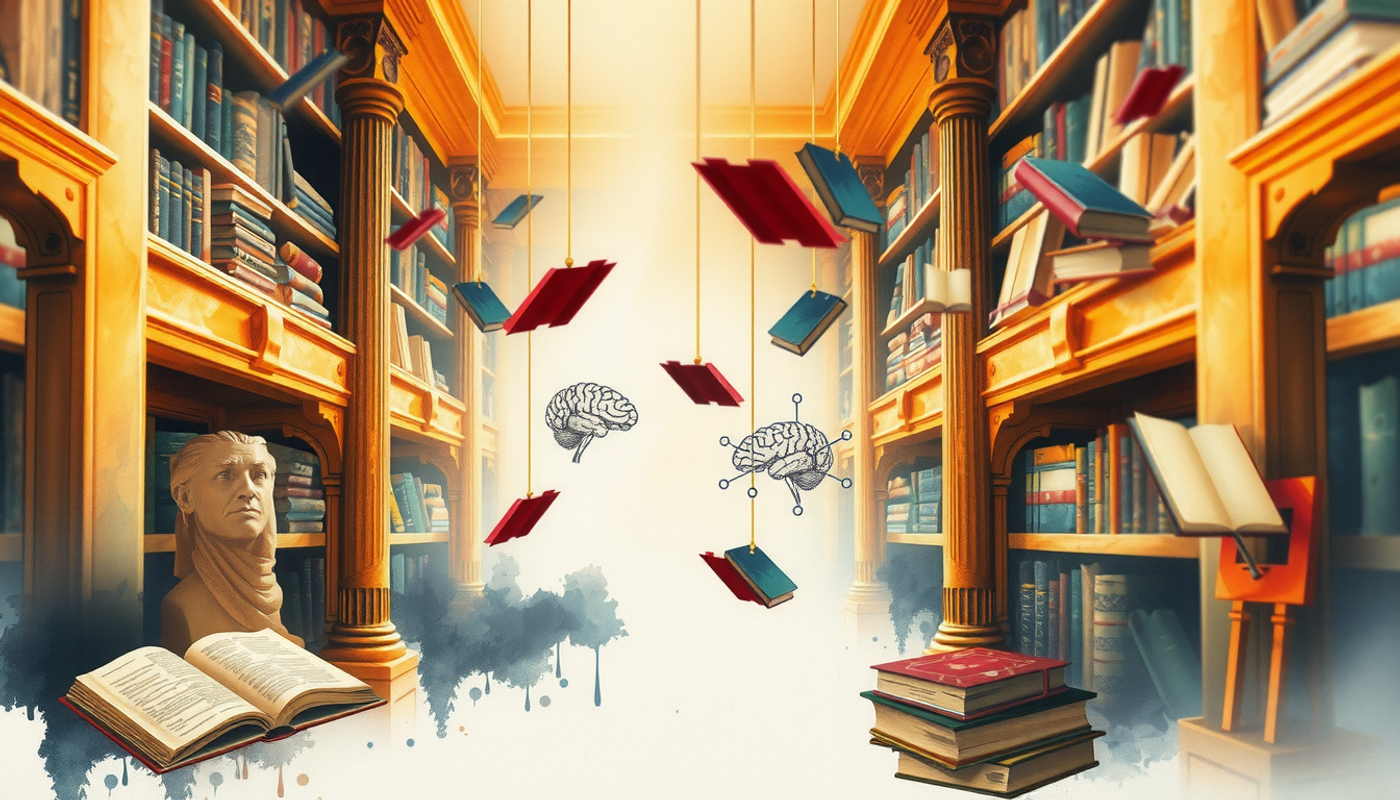 Watercolor of an ancient library with floating books and glowing threads.