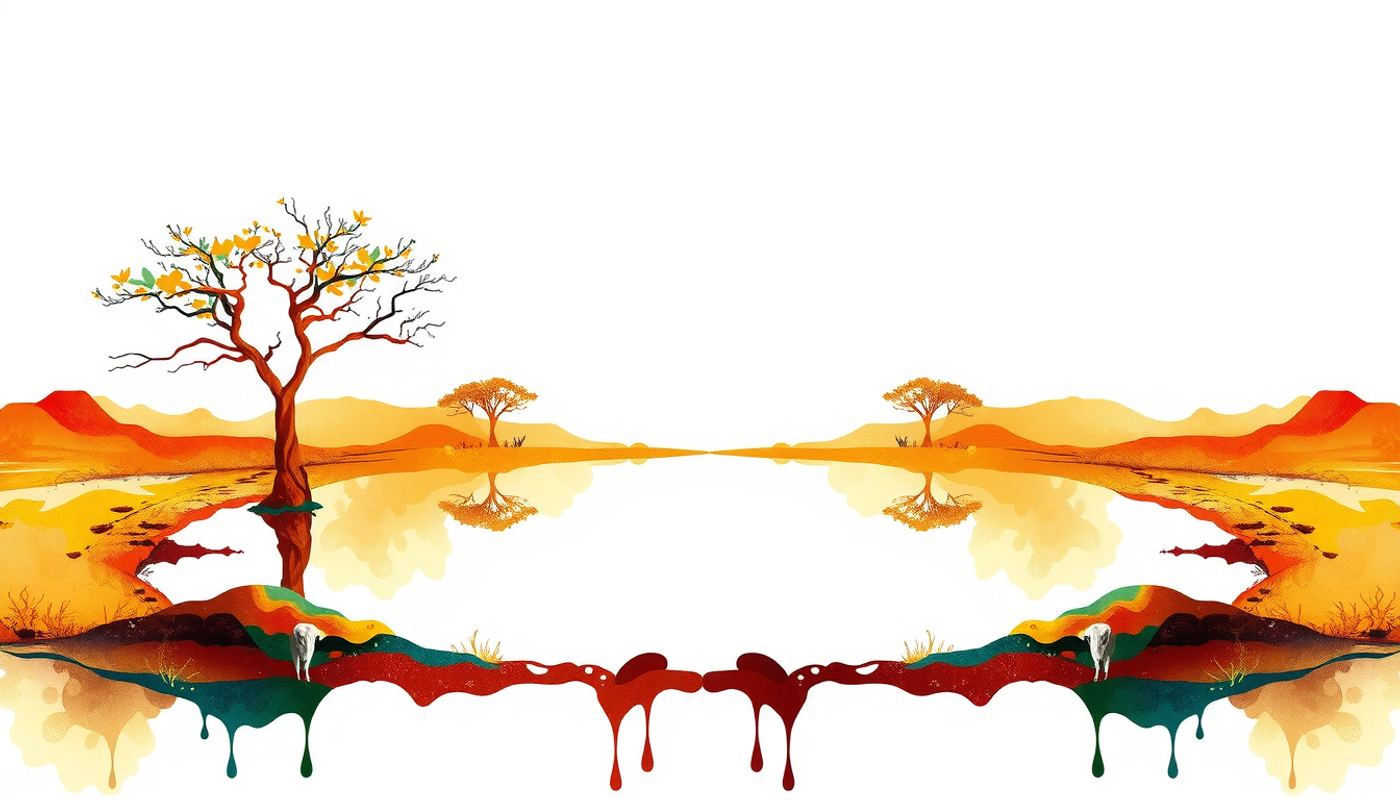 Ancient savanna landscape with mirrored watering holes and warm earth tones.