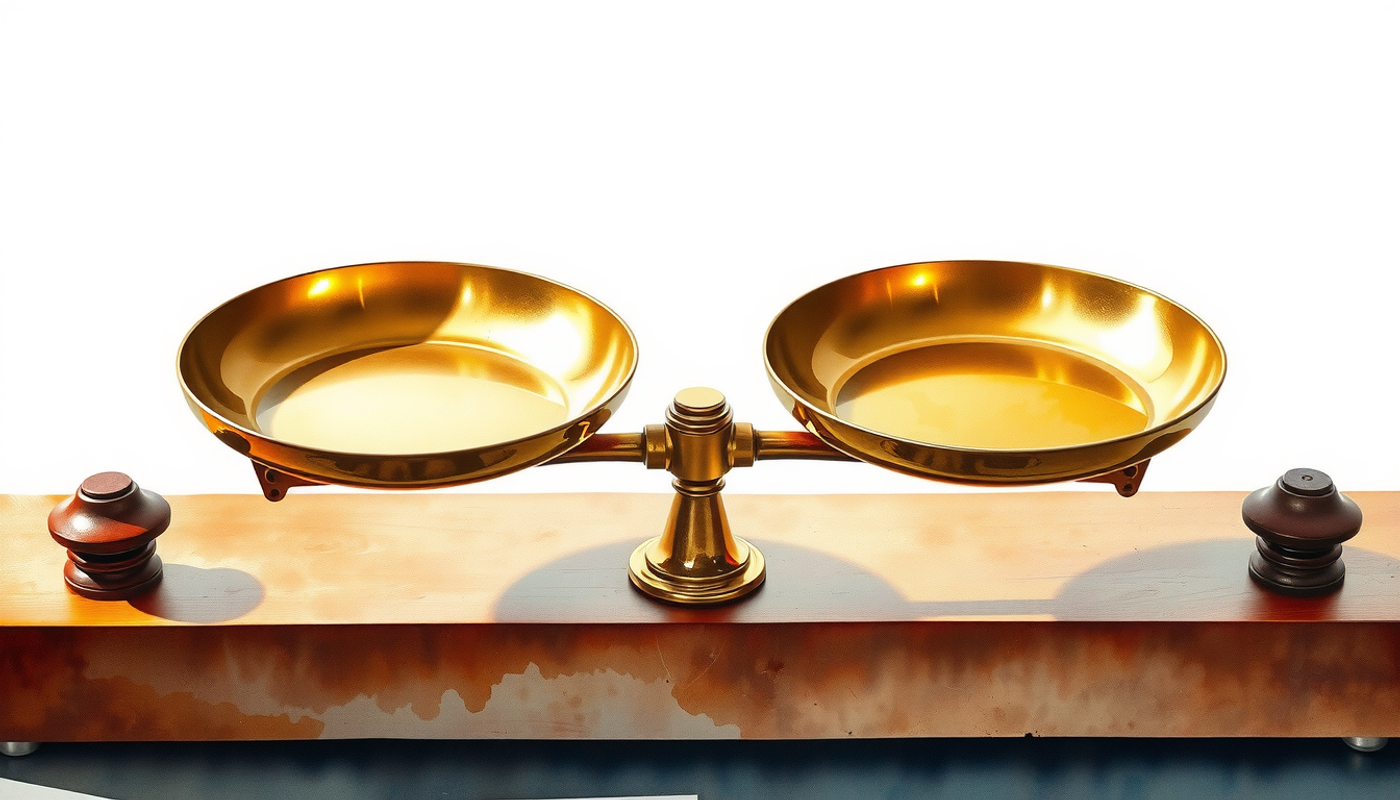 Old brass balance scale on dark wood, pans slightly tilted, dramatic lighting.