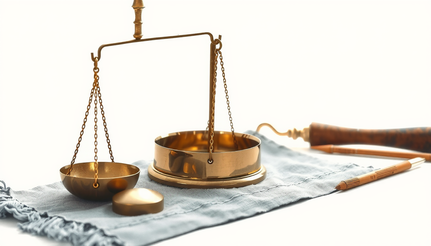 Antique brass balance scale with empty pans and weights on linen.