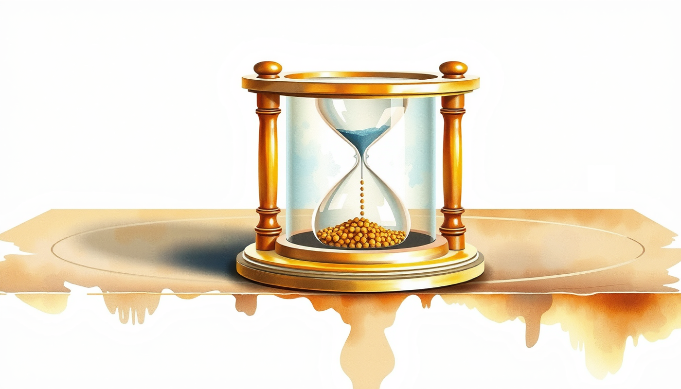 Antique brass hourglass on dark oak, warm amber sand settled.