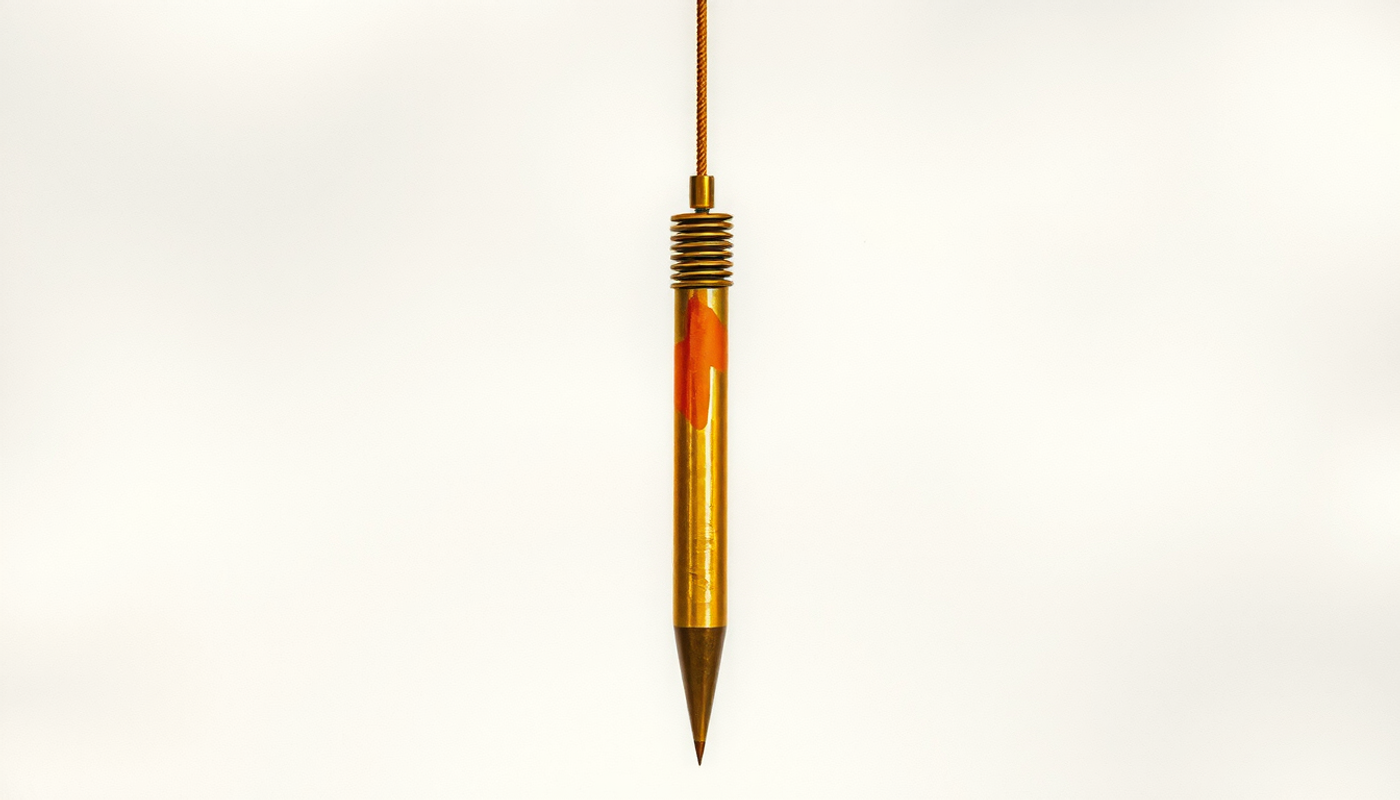 Antique brass plumb bob hanging from a taut cord in warm light.