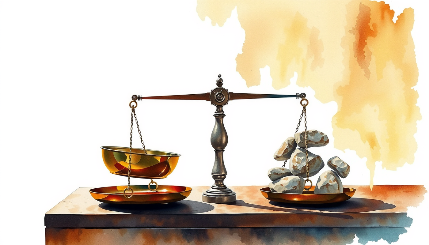 Antique brass balance scales tipped with smooth stones in warm light.
