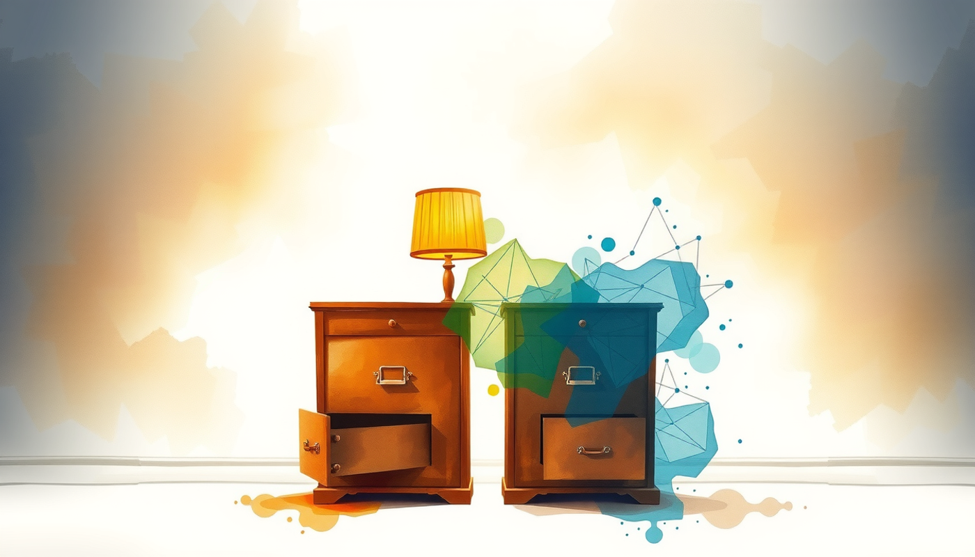 Antique wooden filing cabinets with glowing indigo threads connecting drawers.