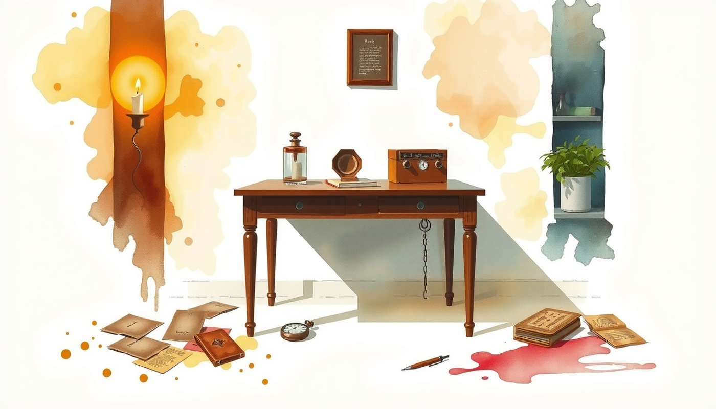 Antique wooden desk in dim study with aged papers and inkwell.