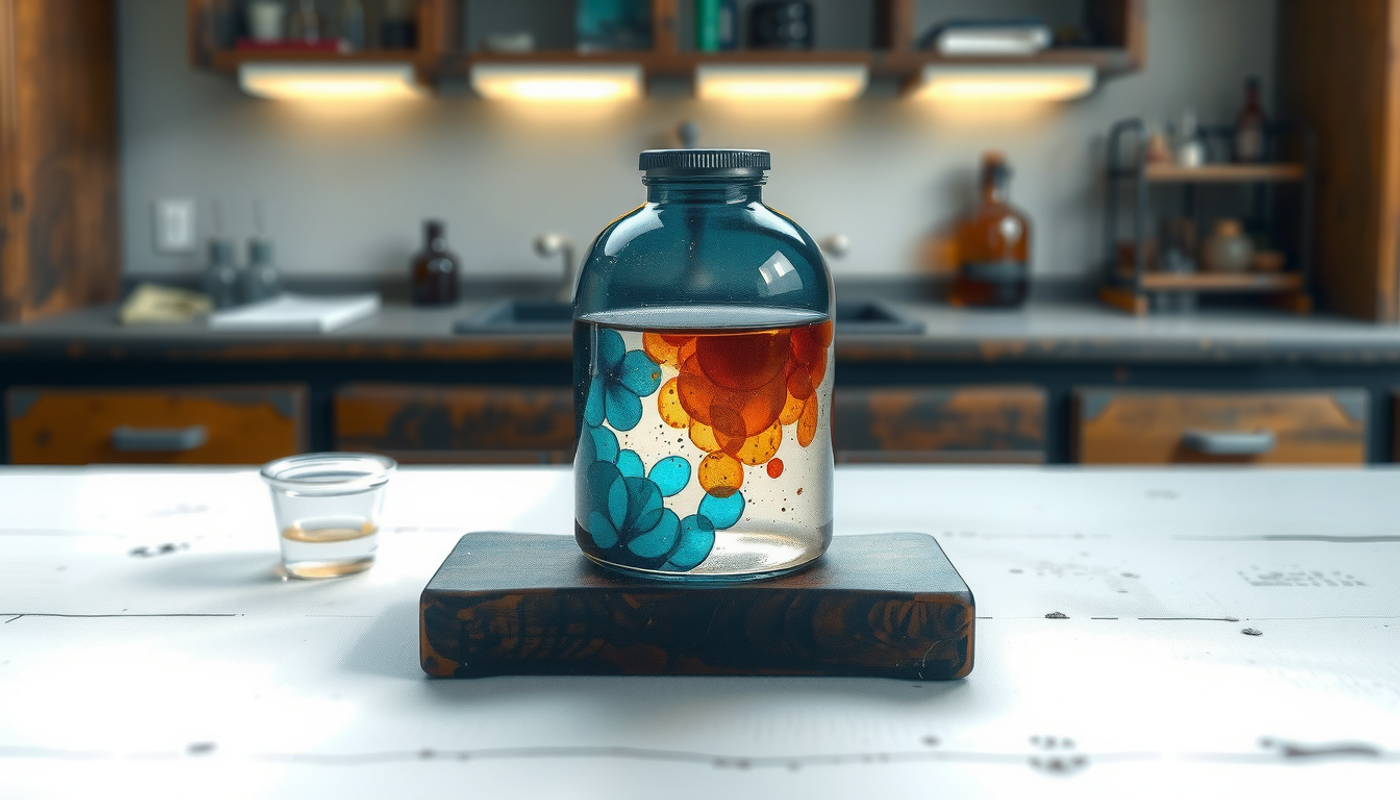Antique glass specimen jar on dark wooden laboratory bench.