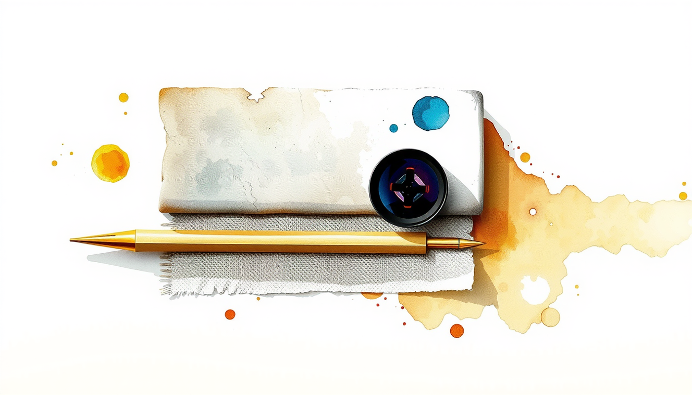 Smooth clay slab, brass stylus, and dark glass lens on linen.