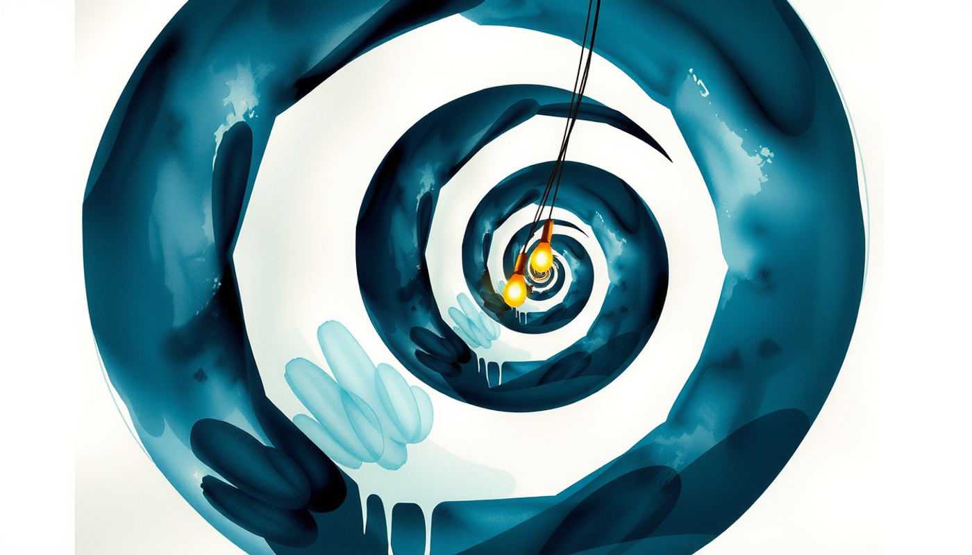 Curved spiral chamber in bone white and teal with luminous filaments.