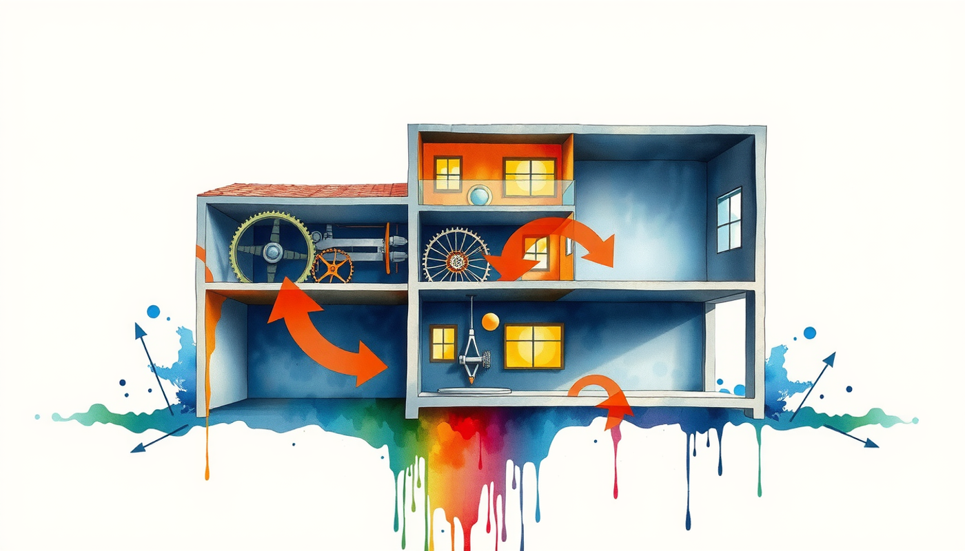 Architectural cross-section of a two-story building with mechanical elements.