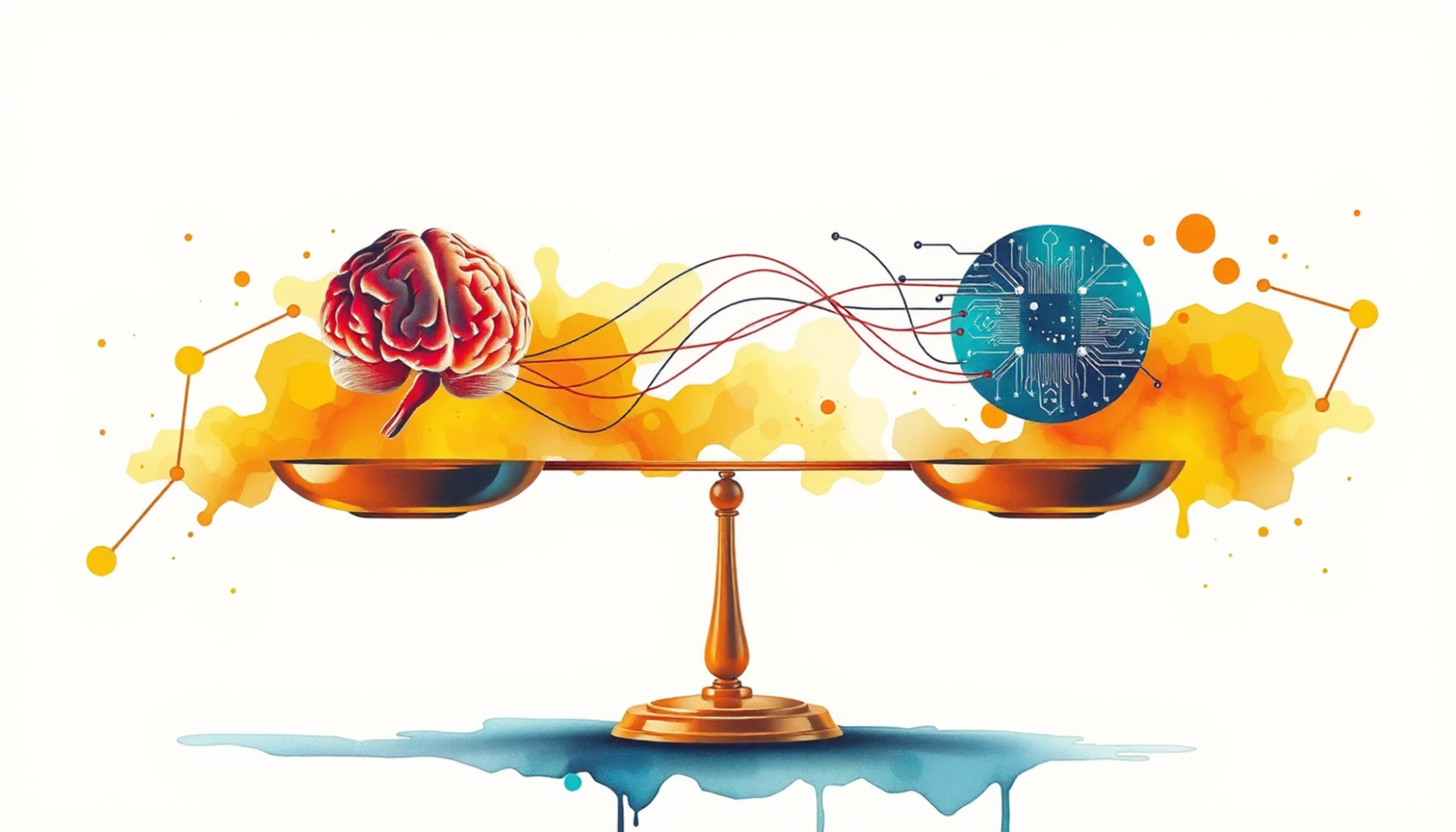 Balance scale with a glowing brain and circuit board, symbolizing collaboration.