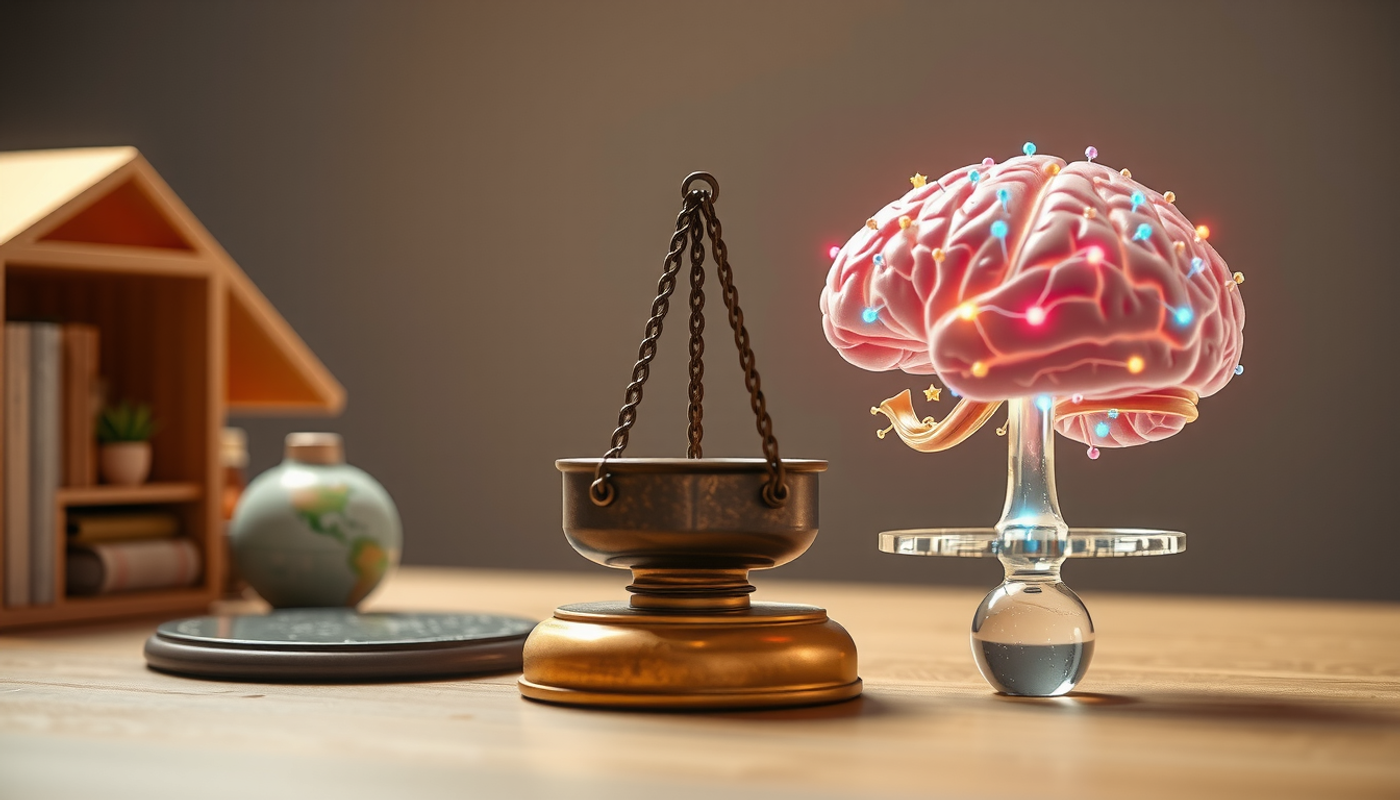 Balance scale showing a miniature room and a glowing brain.