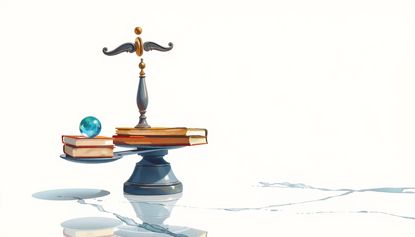 Balance scale with glowing blue orb and stack of books.