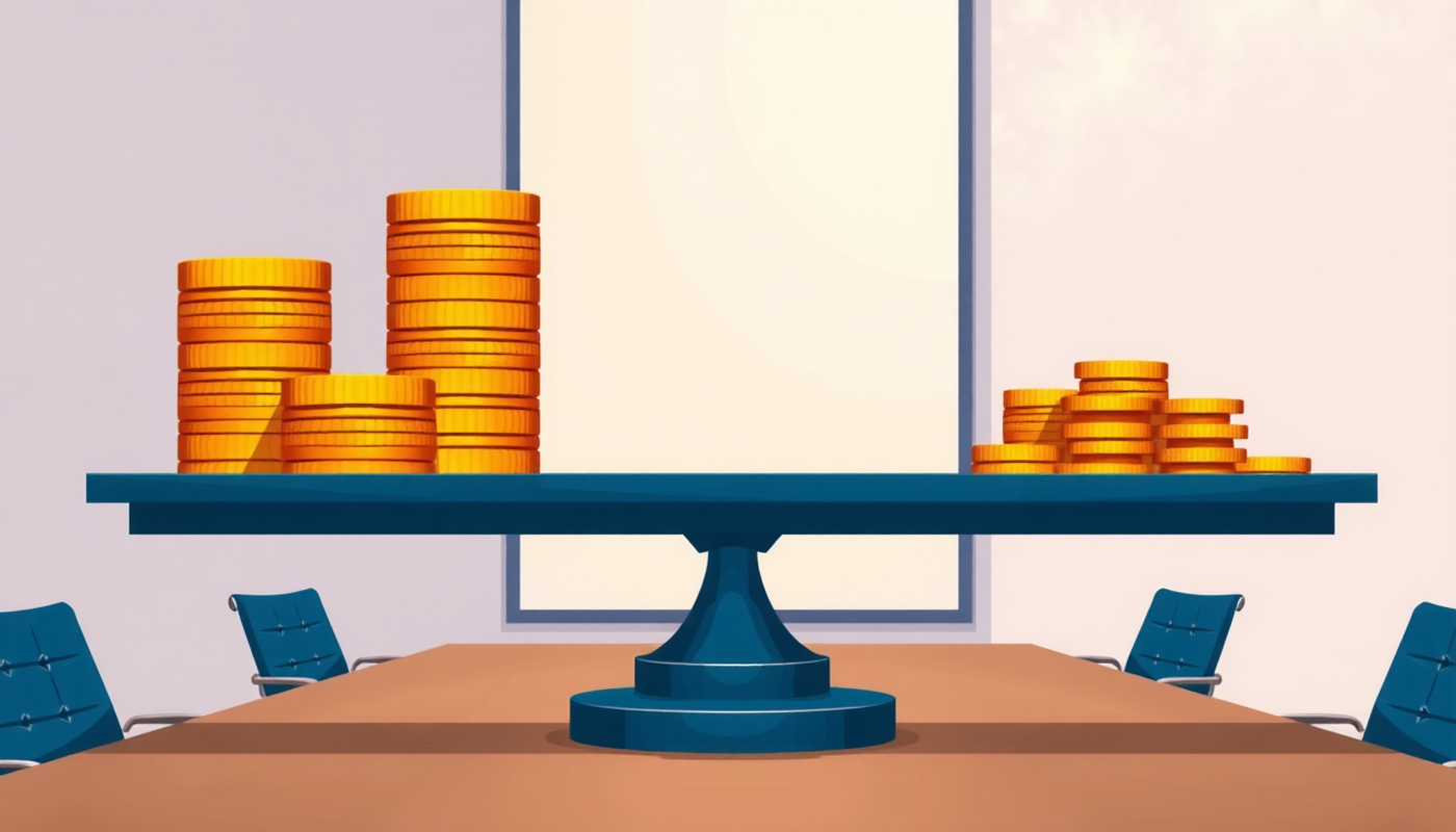 Giant balance scale showing gold coins outweighing small revenue coins.
