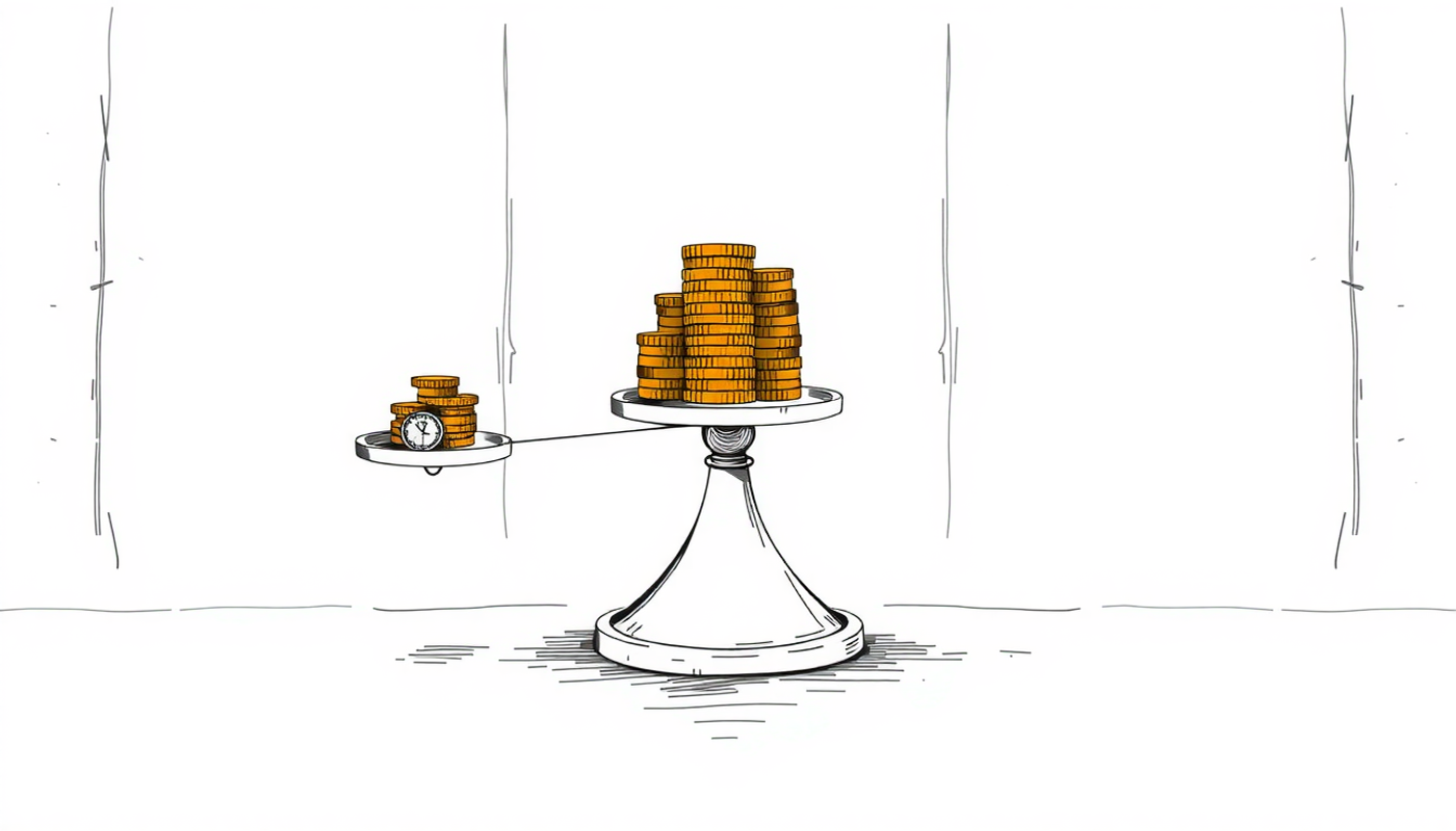 Giant balance scale showing gold coins outweighing small revenue coins.