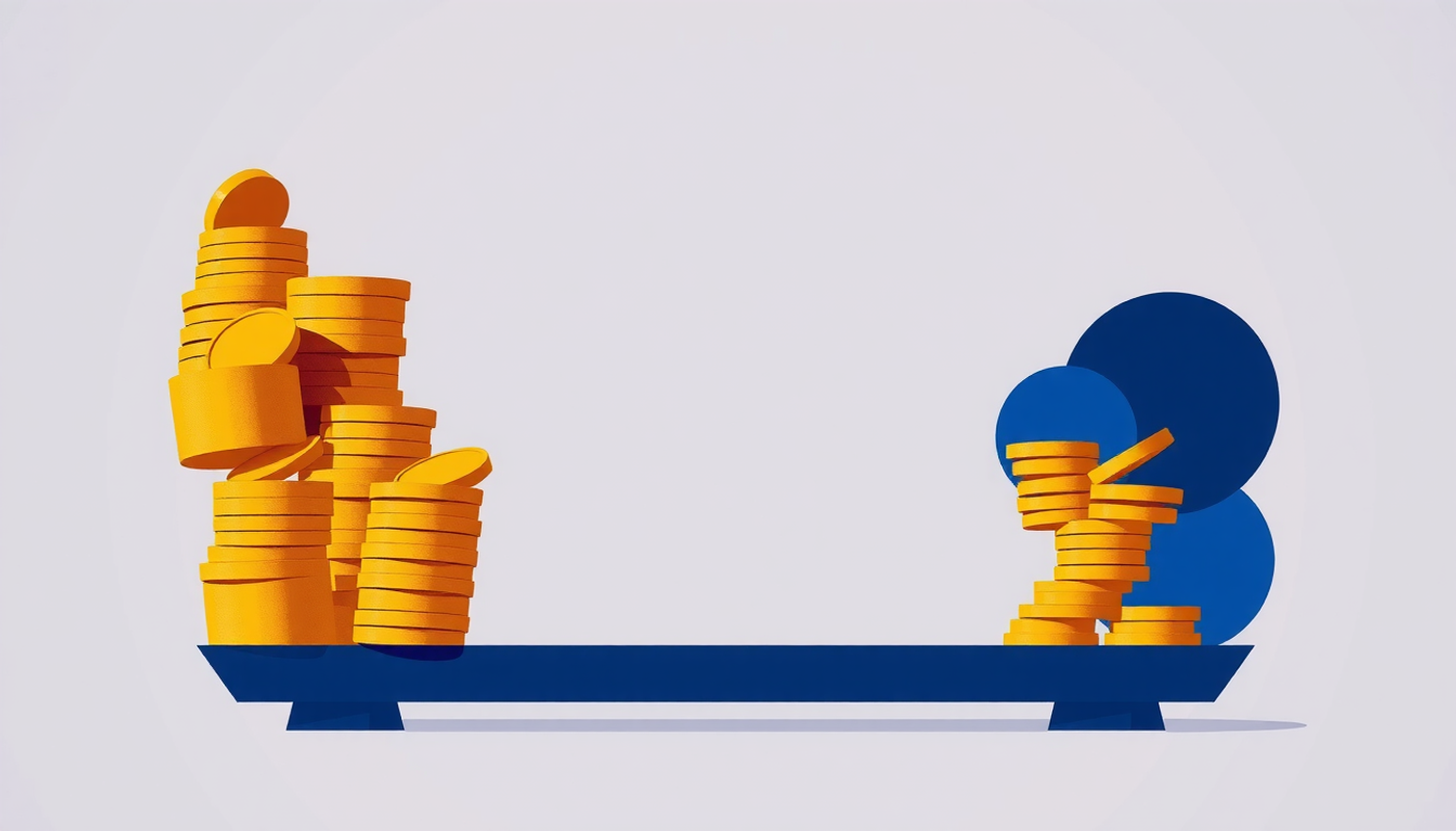 Giant balance scale showing gold coins outweighing small revenue coins.