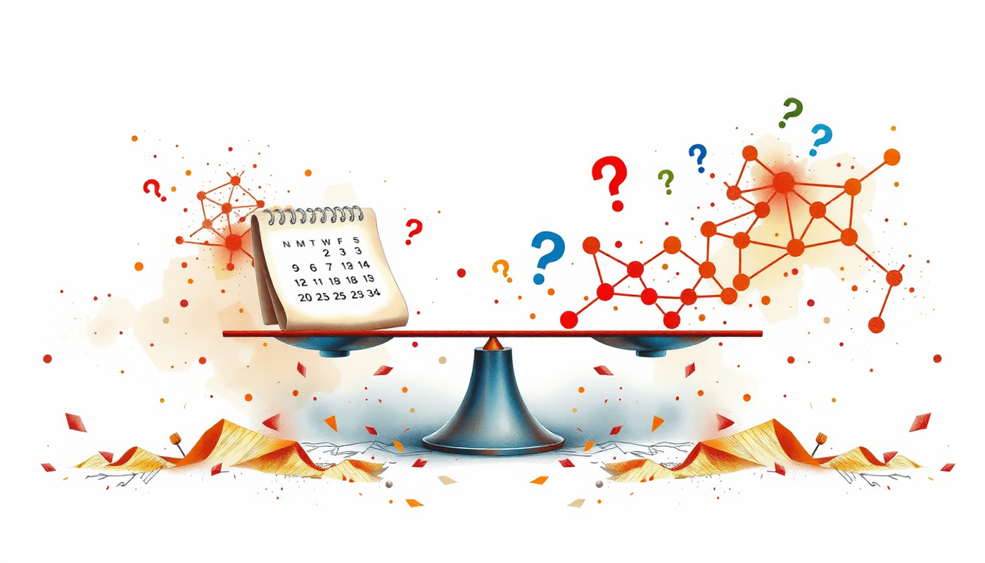 Balance scale with calendar and neural network, symbolizing simplicity vs. optimization.