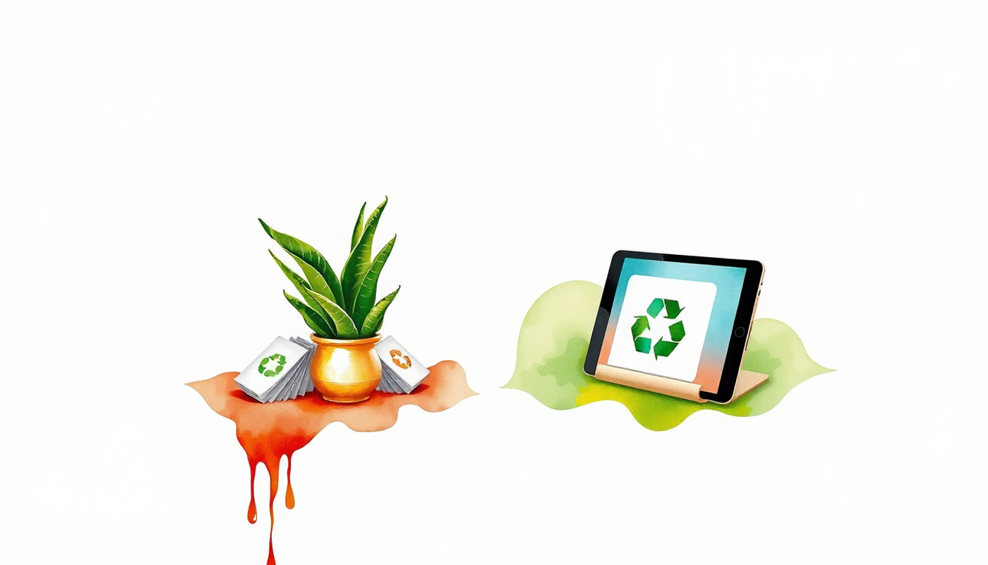 Recycled index cards and a refurbished tablet in a green setting.
