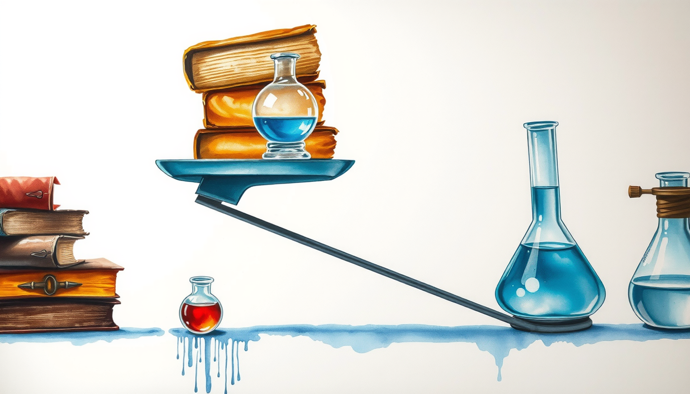 Laboratory scales balancing old books and modern glass beakers.