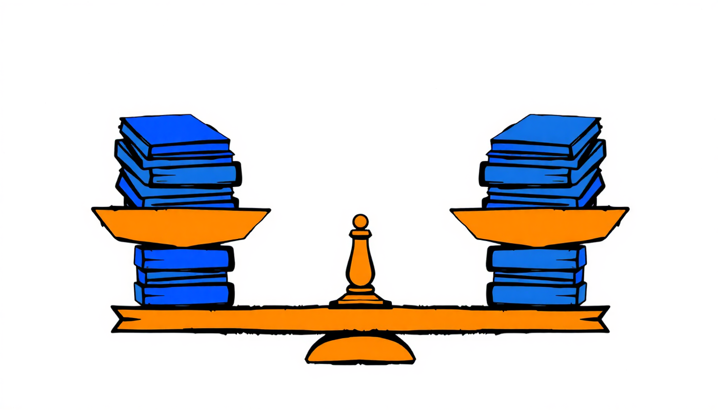 Balance scale with research papers on bilingual advantage and no advantage.
