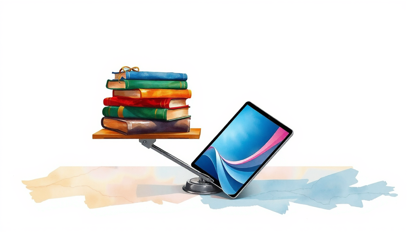 Balanced scale with textbooks and glowing tablet on marble surface.
