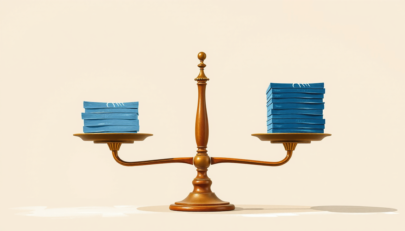 Balance scale with research papers on bilingual advantage and no advantage.