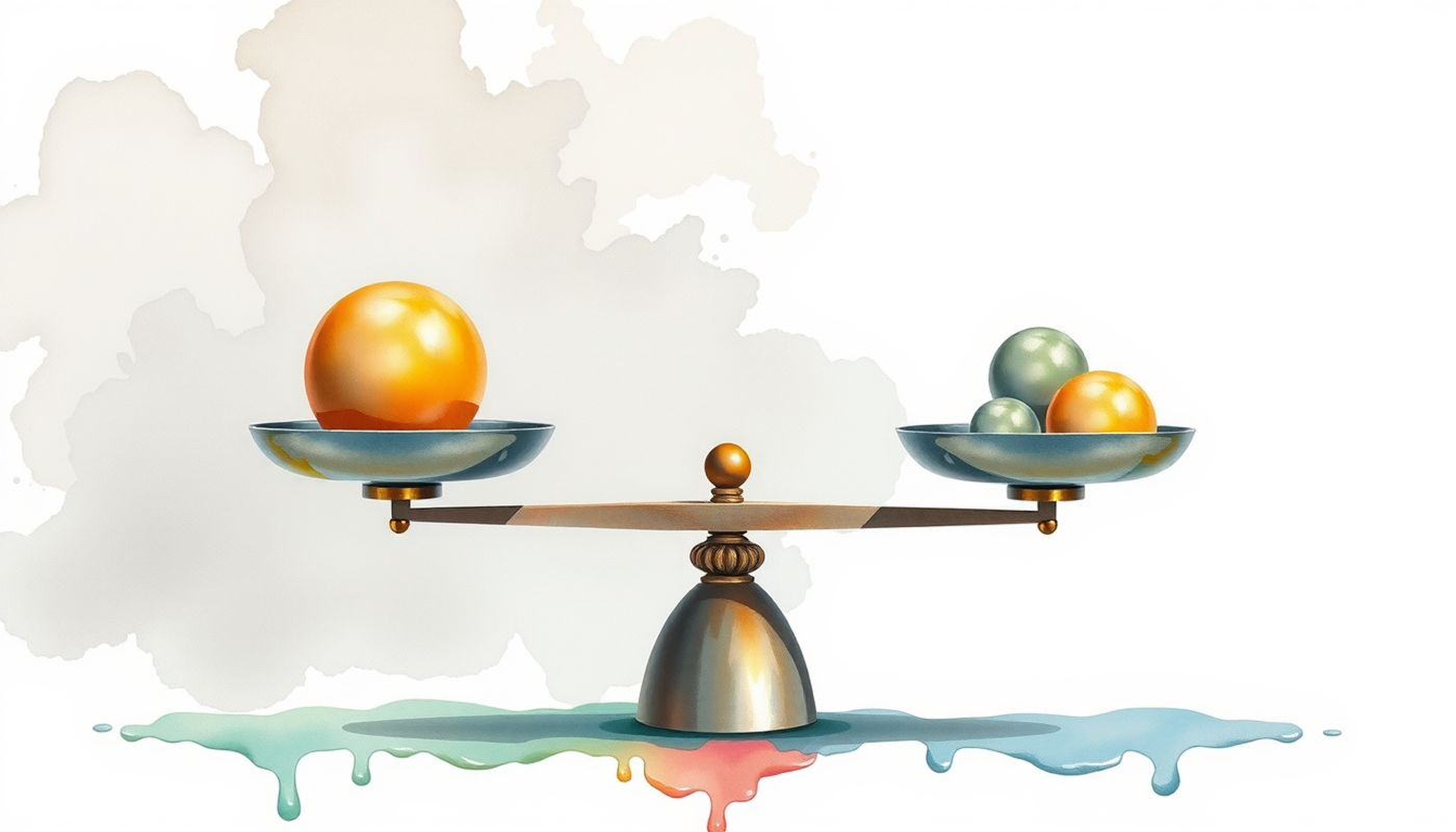 Balanced scale with glowing golden orbs and translucent gray orbs.