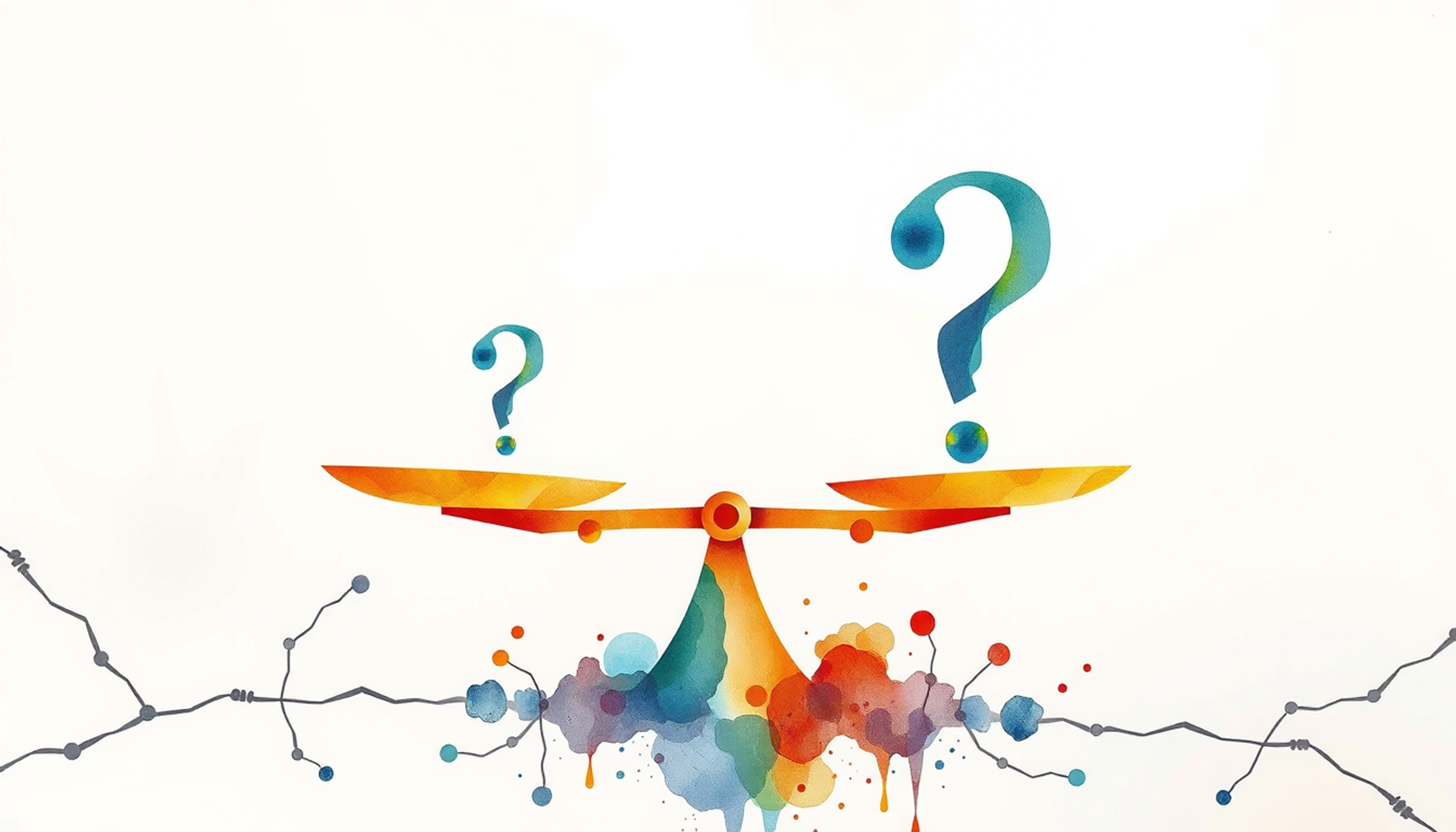 Balanced scale with golden evidence and grey question marks on dark background.
