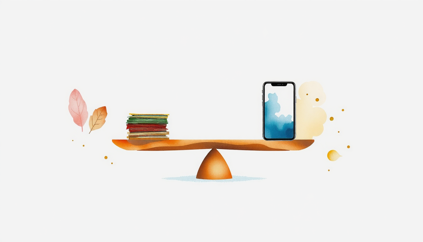Balanced scale with colorful index cards and a smartphone in soft light.