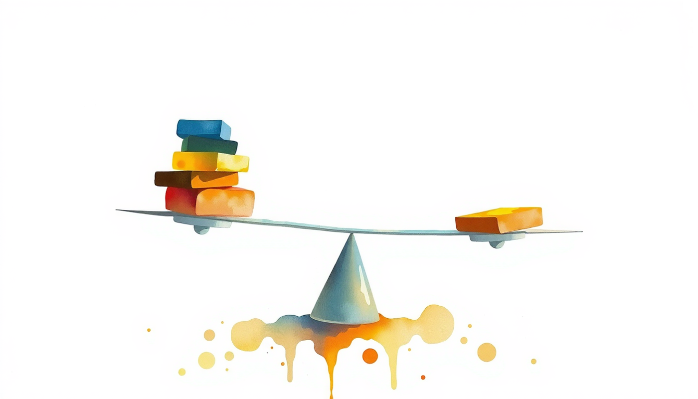 Balanced scale with glowing indigo and amber abstract shapes.