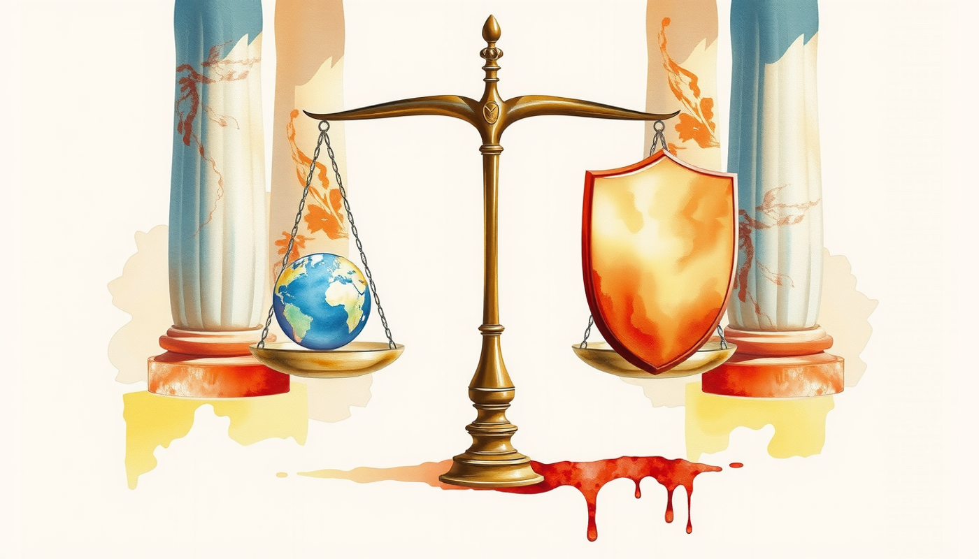 Balanced scales with innovation orb and regulation shield, marble columns backdrop.