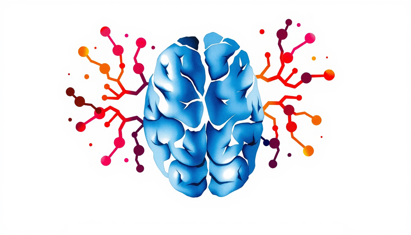 Abstract basal ganglia circuit showing disrupted nodes in red and healthy connections in indigo.