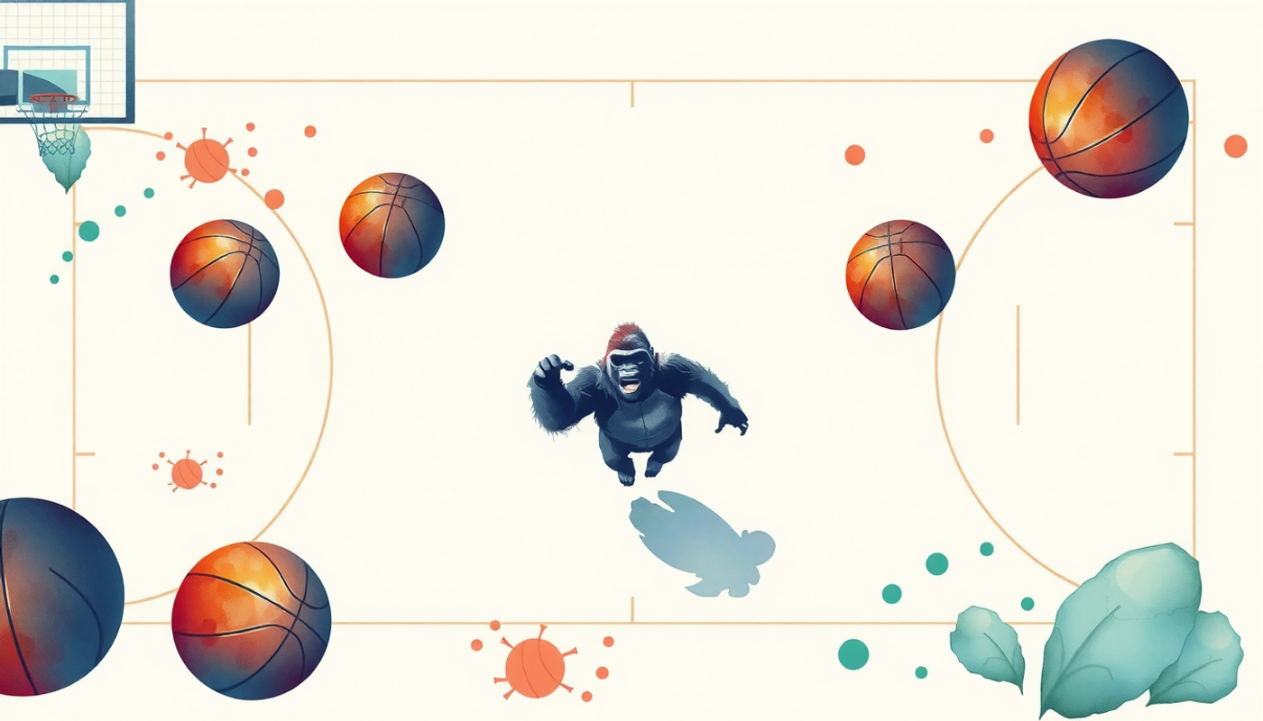 Basketball court from above with mid-air basketballs and fading gorilla silhouette.