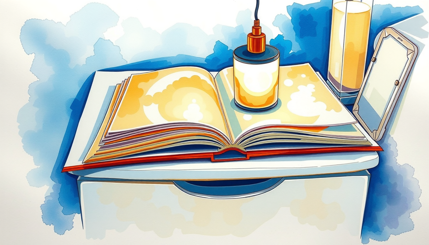 Open book on a nightstand with warm light and a phone.