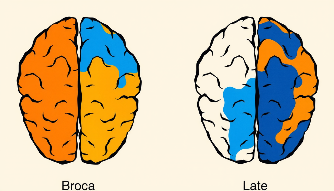 Side-by-side brain scans comparing early and late bilingual activation patterns.