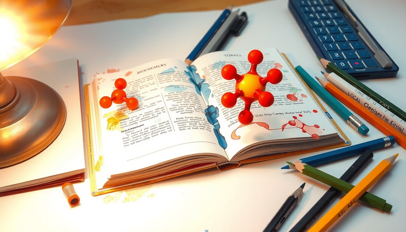 Open biochemistry textbook beside a glowing enzyme model on a desk.