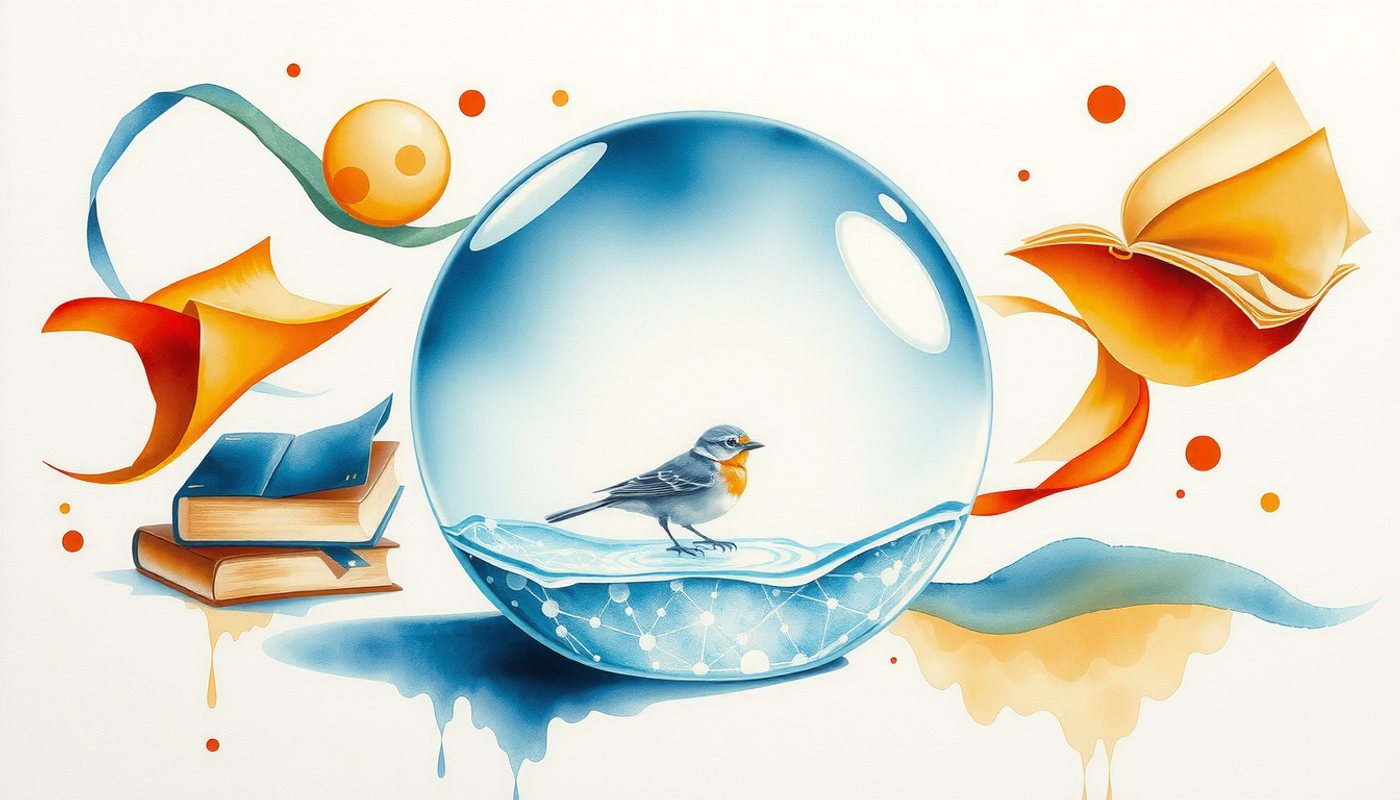 Bird confined in a glass sphere, vibrant patterns reflecting outside.