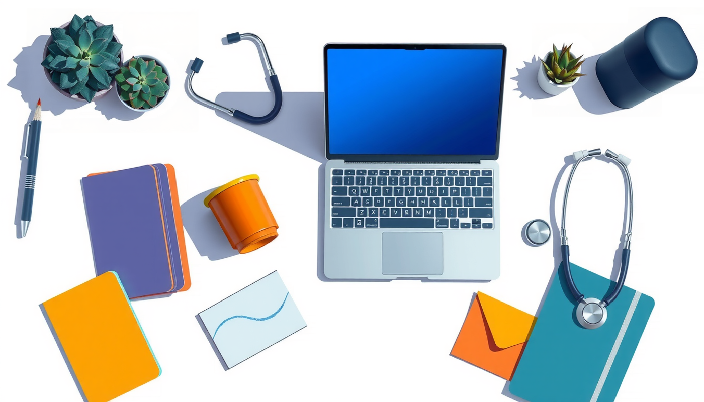 Clean desk with laptop, coffee cup, stethoscope, and colorful cards.