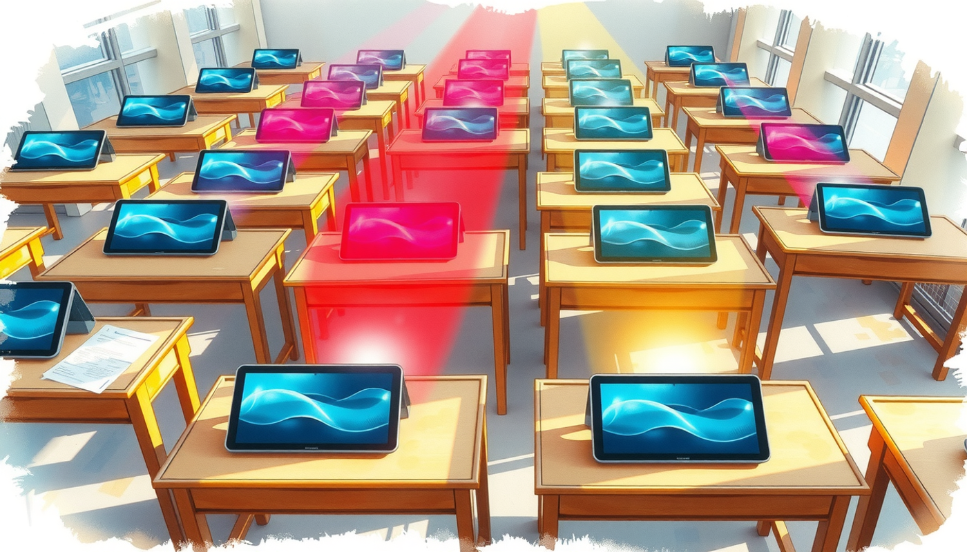 Bird's-eye view of a colorful, tech-equipped empty classroom.